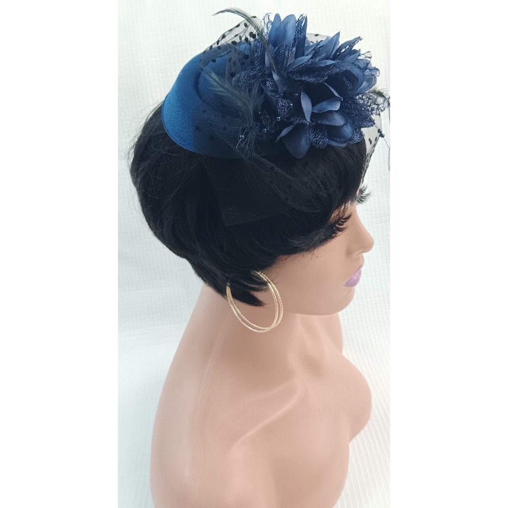 Vintage Style Navy Blue Fascinator Hat Polka Dot Veil Floral Hair Clip Accessory - Picture 2 of 5